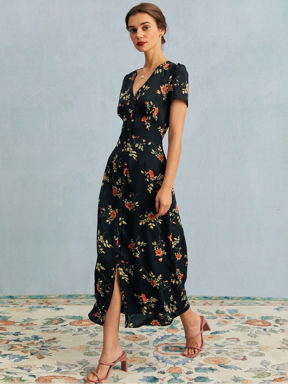 RIHOAS Black Floral Midi Dress with Button Front